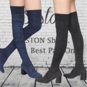 Stretchy Sock Pull on Block Heel Thigh Hight Boots black and gold